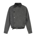 Charcoal workwear jacket front view with asymmetrical button placket, black collar, and belt hem