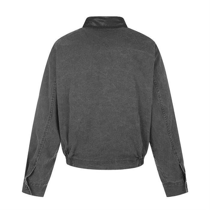 Charcoal workwear jacket back view with black contrast collar and elasticized hem
