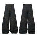 Front and back view of dark wide-leg denim pants with geometric multi-panel seams and gold contrast stitching