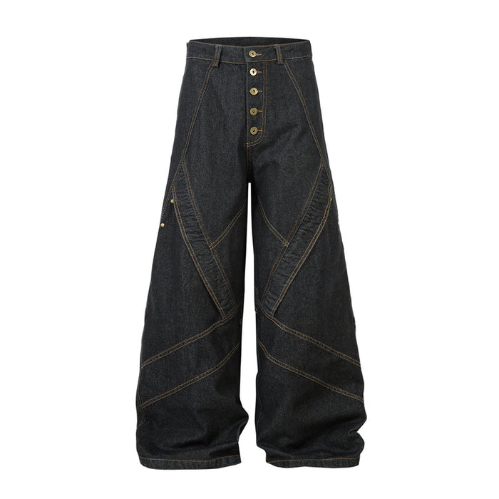 Front view of dark wide-leg denim pants with contrast stitching and button fly