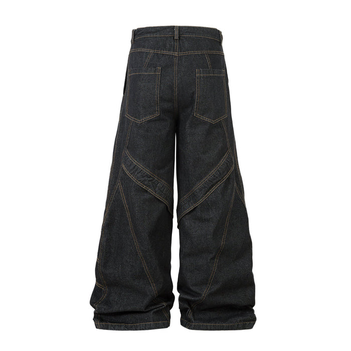 Back view of dark wide-leg denim pants with contrast stitching and patch pockets