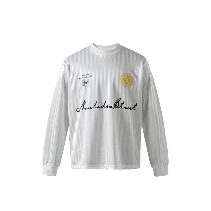 White long-sleeve mesh football jersey with embroidered crest badges and Nautidea Street script logo on the front