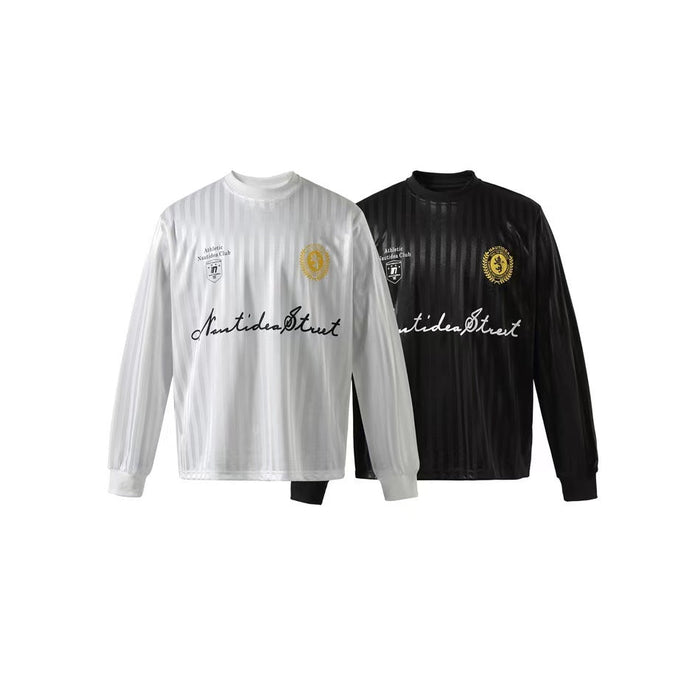 White and black long-sleeve mesh football jerseys shown front view