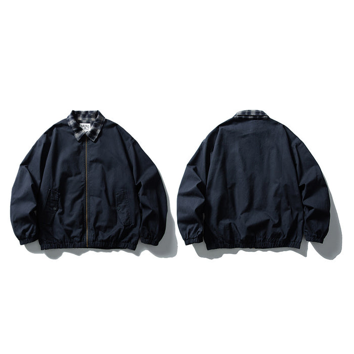 Navy Zip Up Jacket – Relaxed Fit Men's Plaid Collar Bomber