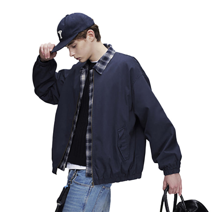 Navy Zip Up Jacket – Relaxed Fit Men's Plaid Collar Bomber