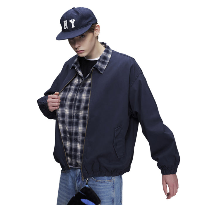 Navy Zip Up Jacket – Relaxed Fit Men's Plaid Collar Bomber