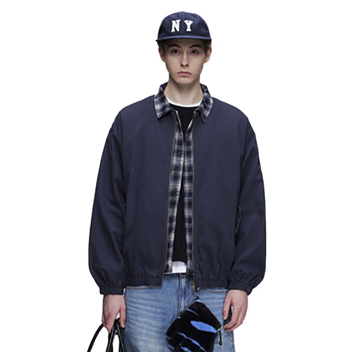 Navy Zip Up Jacket – Relaxed Fit Men's Plaid Collar Bomber