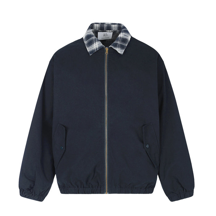 Navy Zip Up Jacket – Relaxed Fit Men's Plaid Collar Bomber