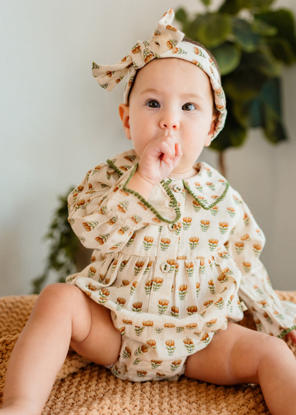 Nira Block Print Floral Baby Romper & Headband Set (Linen Blend)