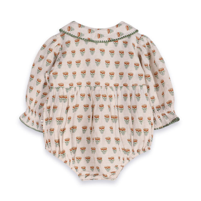 Nira Block Print Floral Baby Romper & Headband Set (Linen Blend)