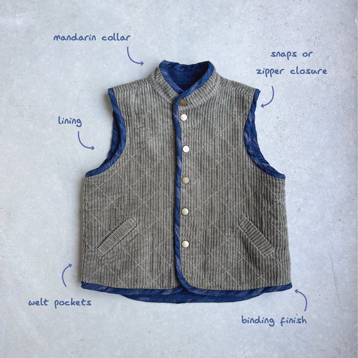 Nonni Vest Gender Neutral Kids (12mo - 12yrs) PDF Sewing Pattern - Atelier Mimito - Simplifi Fabric