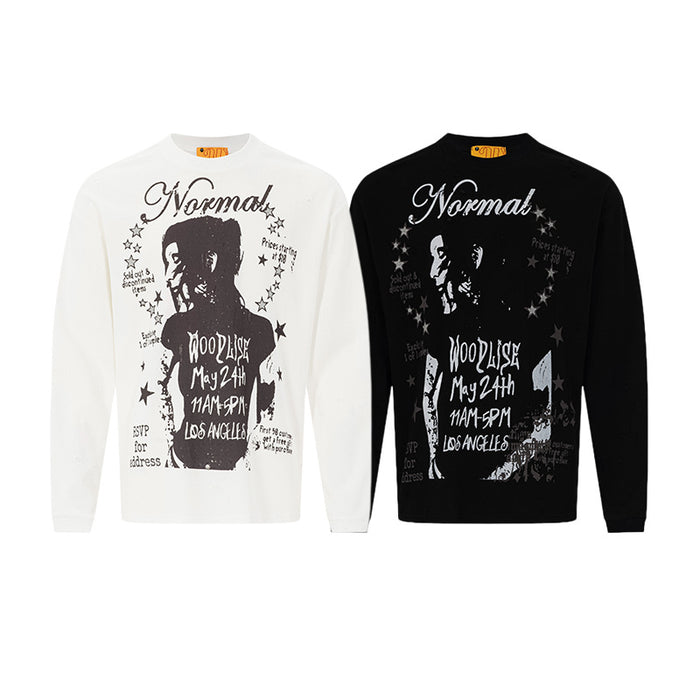 White and black long sleeve crew neck shirts with matching portrait, star, and text graphics