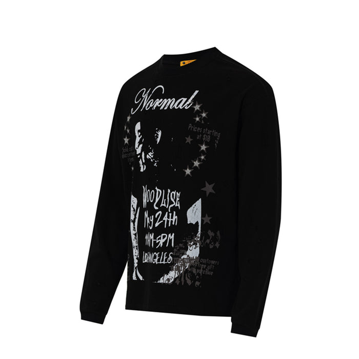 Black long sleeve crew neck shirt shown from a front angled view with portrait, stars, and bold text graphic