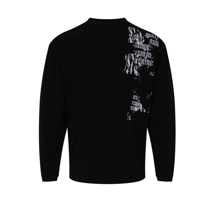 Black long sleeve shirt shown from the back with a distressed white graphic placed on the upper right shoulder