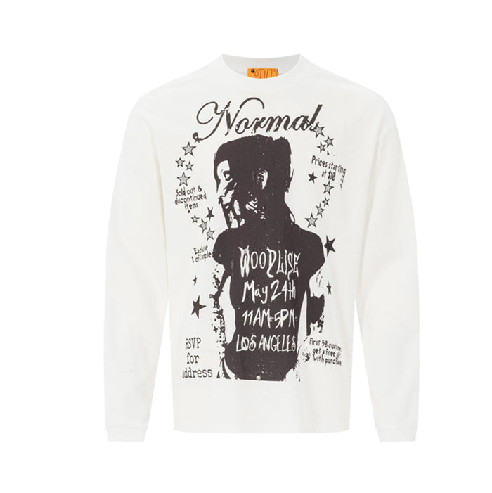 White long sleeve crew neck shirt front featuring a dark portrait, stars, script lettering, and event-style text