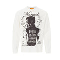 White long sleeve crew neck shirt front featuring a dark portrait, stars, script lettering, and event-style text