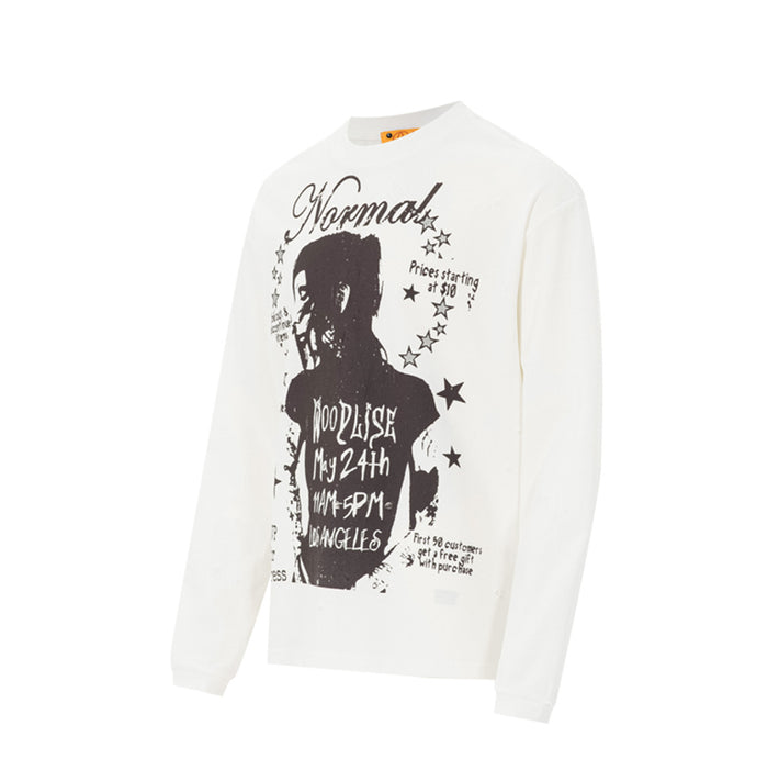 White graphic long sleeve shirt shown from a front angled view with portrait and scattered star print