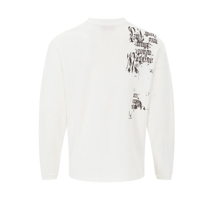 White long sleeve shirt shown from the back with a distressed dark graphic concentrated on the upper right shoulder