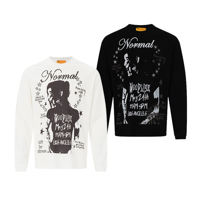 White and black long sleeve crew neck shirts displayed side by side with matching front portrait graphics