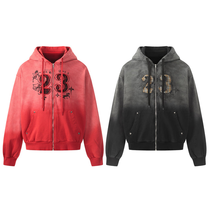 Front view of red and black washed zip-up hoodies with decorative number 23 graphics