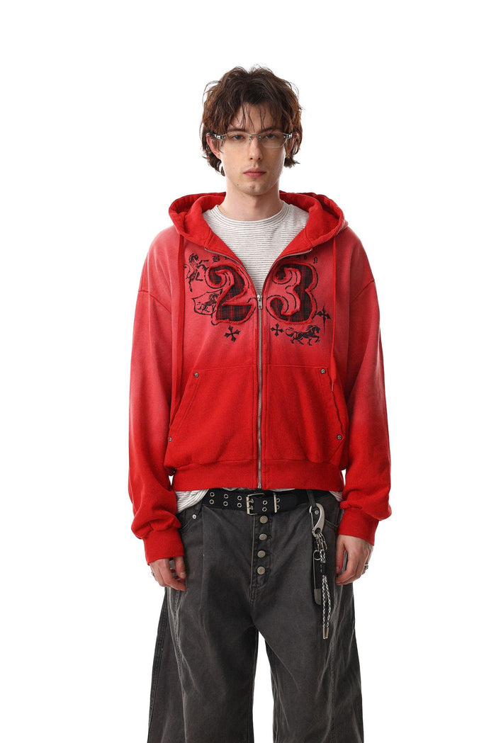 Front model view of the red zip-up hoodie showing its hood, zipper, pockets, and number 23 graphic