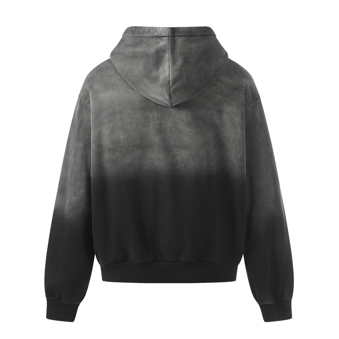 Back view of the black washed zip-up hoodie showing the plain hood and gradient finish