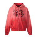 Front view of the red washed zip-up hoodie with decorative number 23 graphic, drawstrings, and pockets