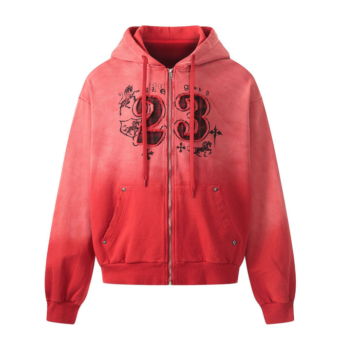 Front view of the red washed zip-up hoodie with decorative number 23 graphic, drawstrings, and pockets