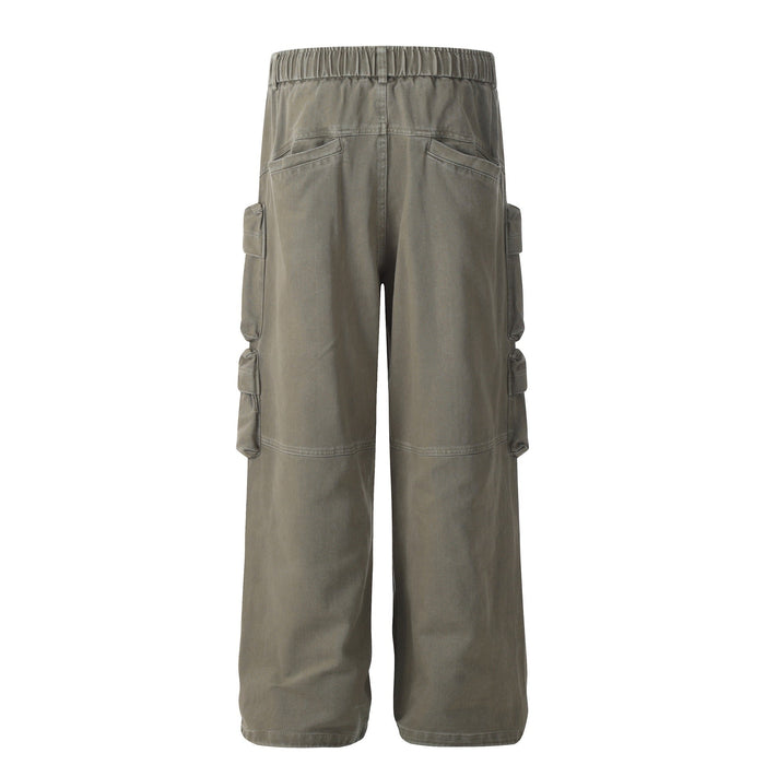 Olive wide-leg cargo pants with side flap pockets, front view