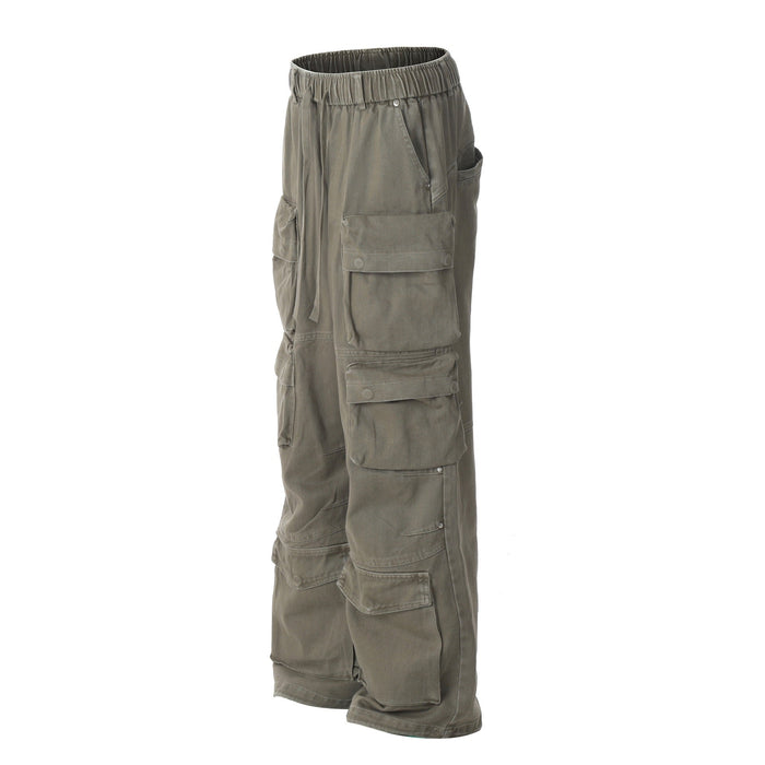 Olive cargo pants shown at a three-quarter side angle with flap pockets