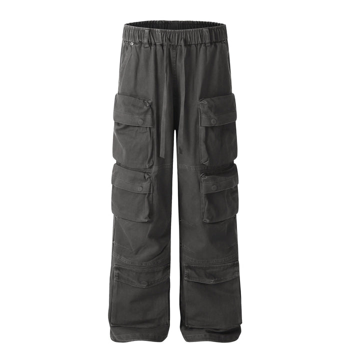 Black wide-leg cargo pants front view with large flap pockets