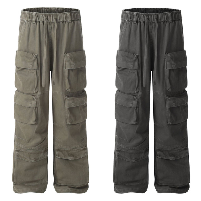 Olive and black cargo pants side by side, front views showing pocket layout