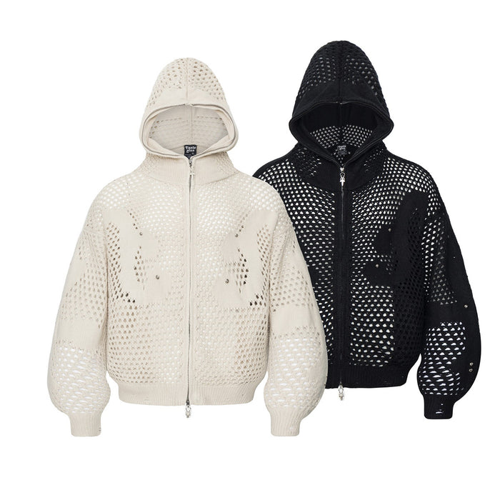 Oversized openwork knit zip-up hoodie with tonal graphic mesh pattern shown in cream and black colorways, front and back view