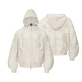 Cream openwork knit zip-up hoodie shown from the front and back with a dark graphic pattern