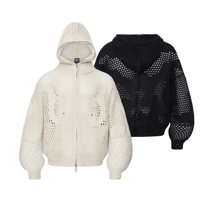 Cream hoodie front and black hoodie back display the openwork knit graphic design