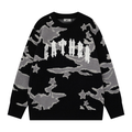 Black knit sweater with gray camouflage pattern and gothic logo across the chest, front view
