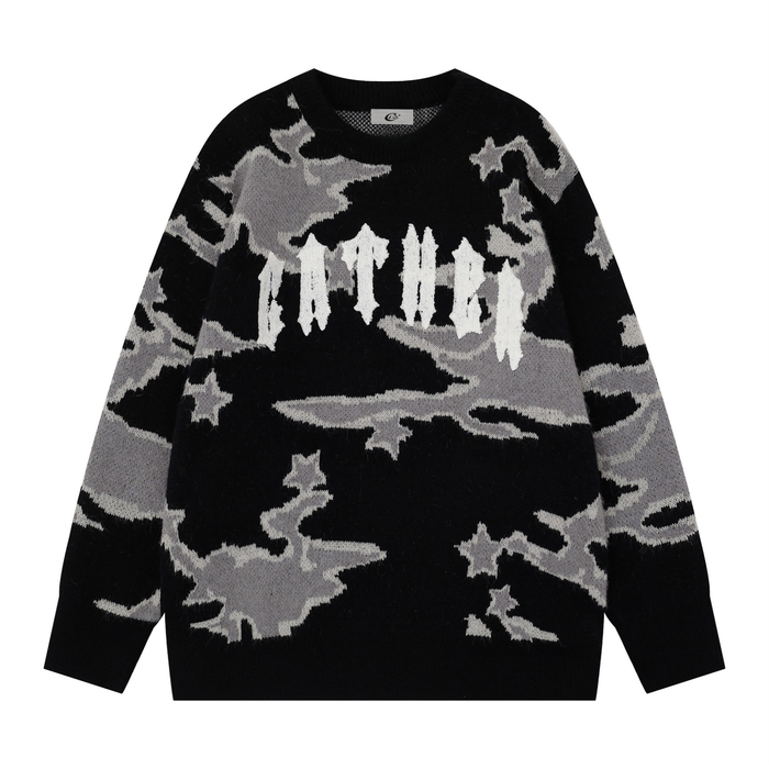 Black knit sweater with gray camouflage pattern and gothic logo across the chest, front view