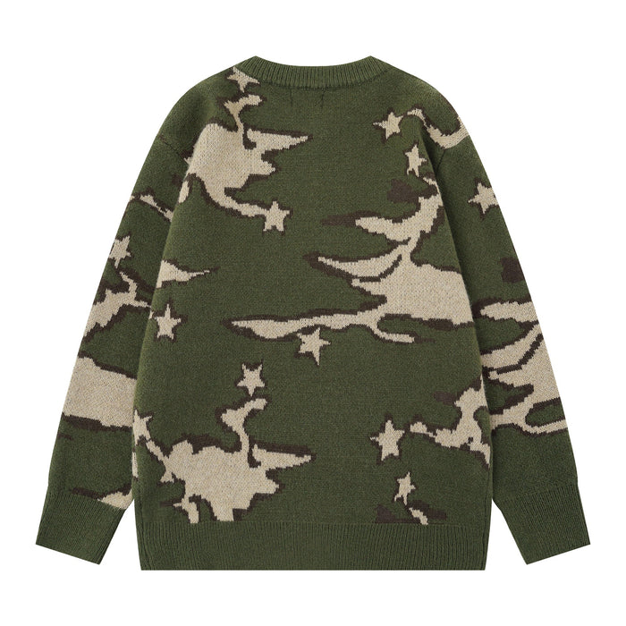 Green camouflage knit sweater shown from the back with cream and brown camo pattern