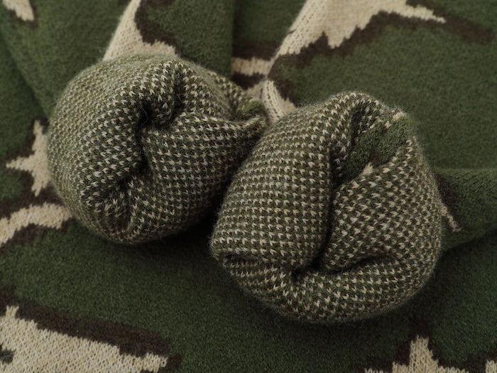 Close-up of the knit cuff and sleeve in green camouflage sweater
