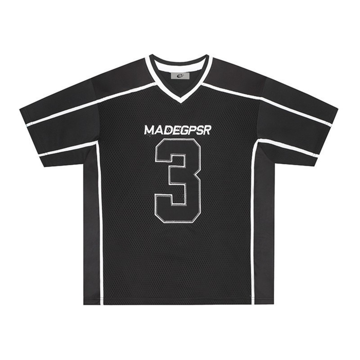 Black oversized mesh football jersey tee with white trim and large number 3 on the front