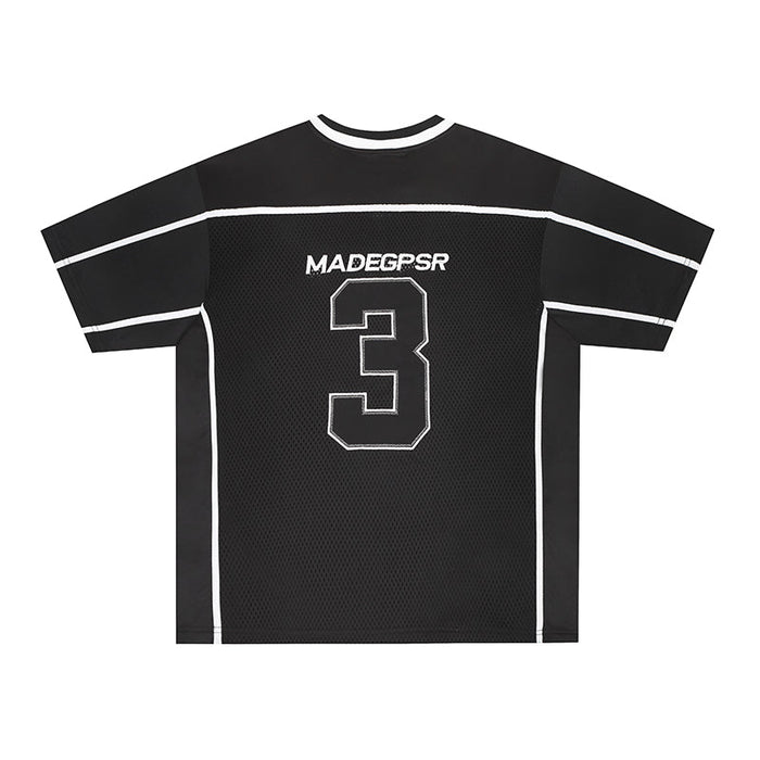 Black oversized mesh football jersey tee with white trim, striped sleeves, and large number 3 graphic on the front
