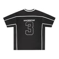 Black oversized mesh football jersey tee with white trim, striped sleeves, and large number 3 graphic on the front