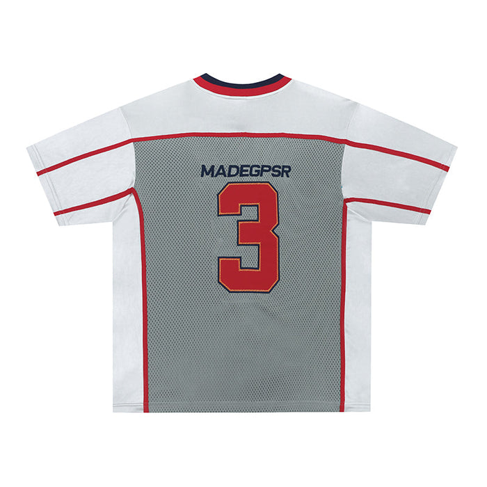 Oversized mesh football jersey tee with red number 3 and white sleeves, streetwear-inspired varsity style