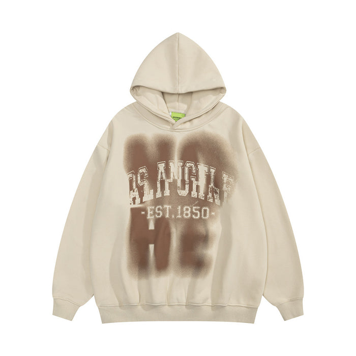 Oversized men's pullover hoodie with distressed Los Angeles EST.1850 collegiate graphic and blurred letter print in beige