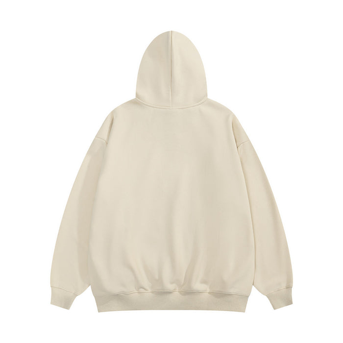 Cream oversized hoodie shown from the back with a plain design, hood, long sleeves, and ribbed hem