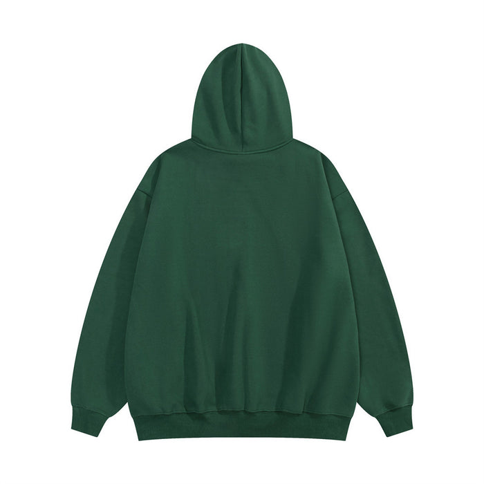 Dark green oversized hoodie shown from the back with a plain design and structured hood