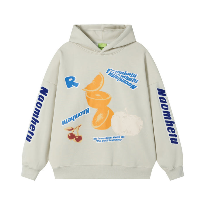 Oversized graphic hoodie with fruit and letter print in silver grey, front view