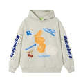 Oversized graphic hoodie with fruit and letter print in silver grey, front view
