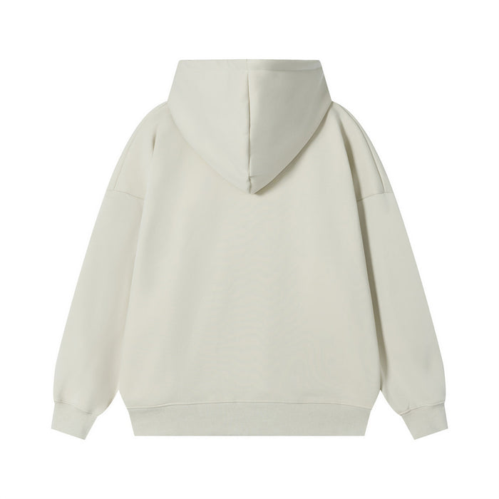 Back view of a plain cream oversized hoodie with a hood, long sleeves, and ribbed cuffs and hem