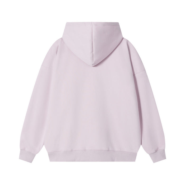 Back view of a plain lilac oversized hoodie with a hood, long sleeves, and ribbed cuffs and hem